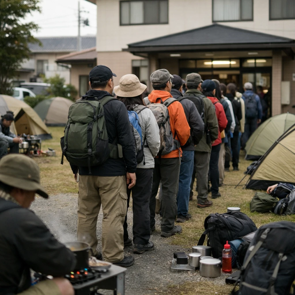 日本の公民館前の芝生にテントが並び、アウトドア姿の人々が長蛇の列を作っている写真。