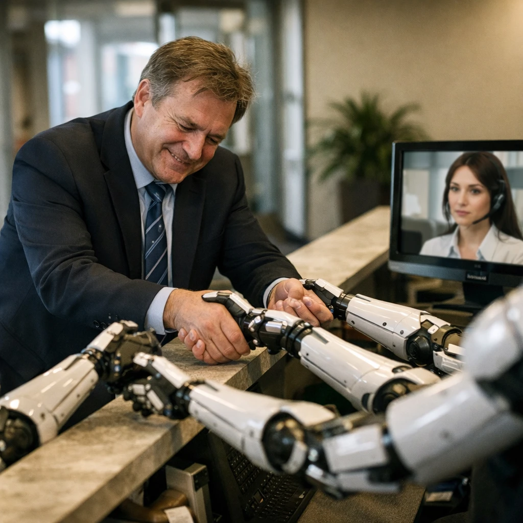 複数のロボットアームと同時に握手する中年の会社員がオフィスの受付で戸惑った表情を浮かべている様子。
