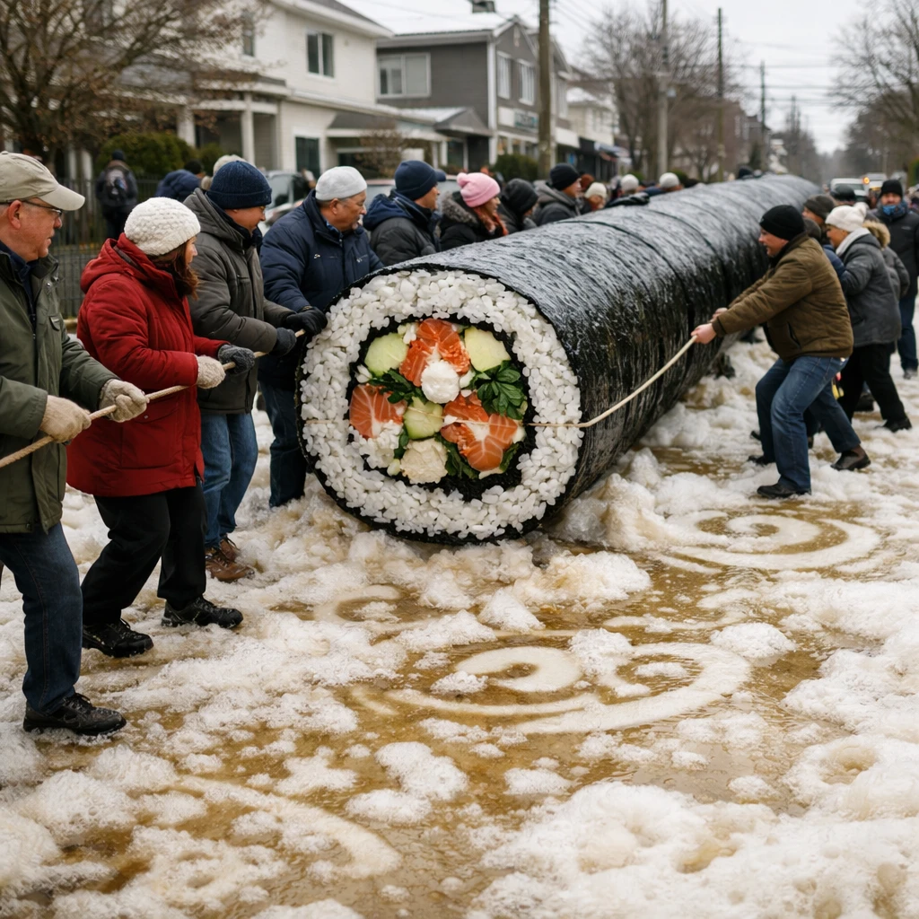 住宅街の通りを区民たちが巨大な恵方巻きを引きながら、路面を覆う泡がラテアートのようになっている様子を写した写真。