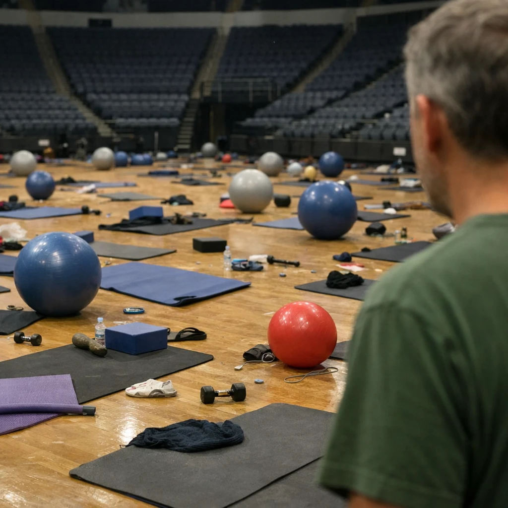 無人のアリーナフロアにバランスボールやヨガマットが散乱し、端には緑色のシャツを着た男性が一人困惑した様子で立つ写真。
