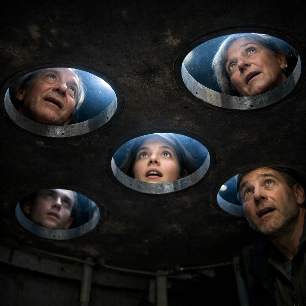 観測所の天井から顔だけが覗き出し、不思議そうに夜空を見上げる人々の様子。