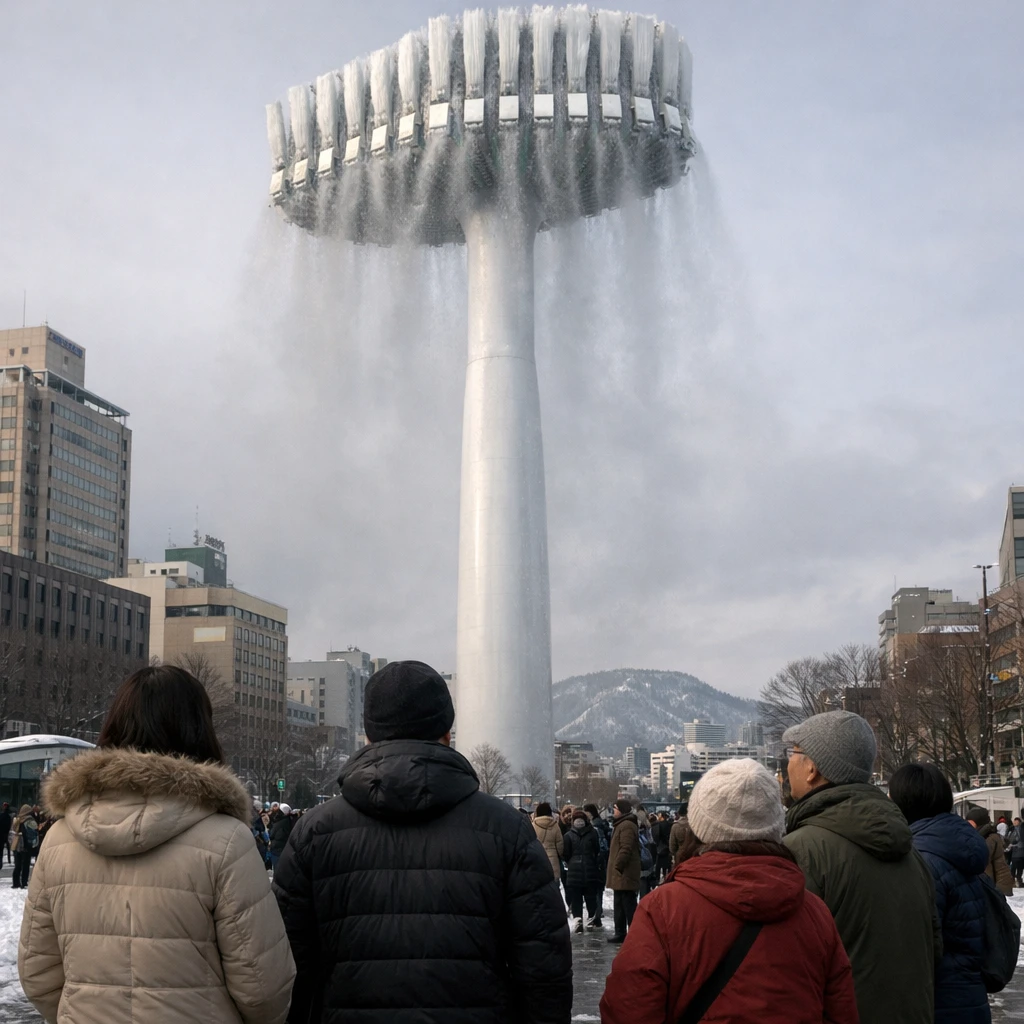 釧路郡の都市中心部にそびえ立つ超巨大な歯ブラシ型タワーを、冬服姿の市民たちが遠巻きに見上げている写真。