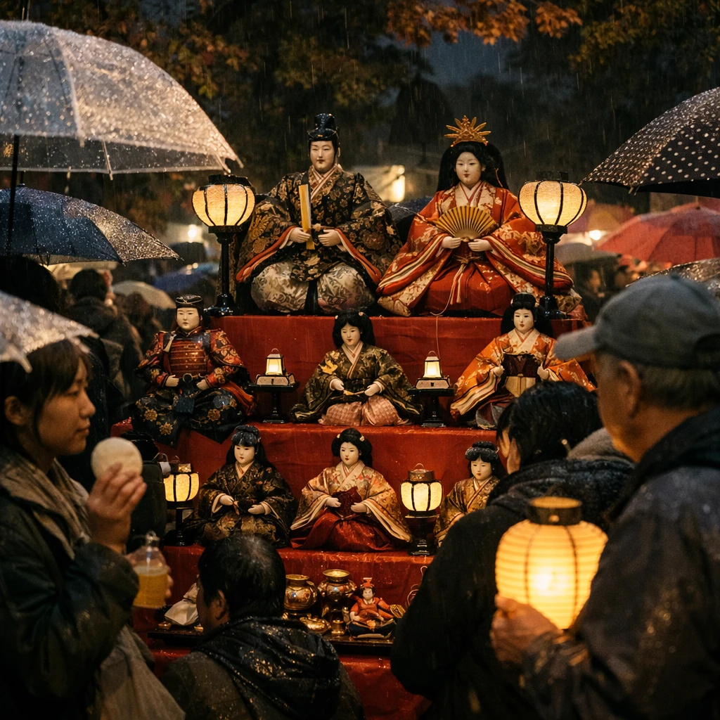 秋雨の夜、公園で雛人形と人々が祭りを楽しむ様子を捉えたリアルな写真。