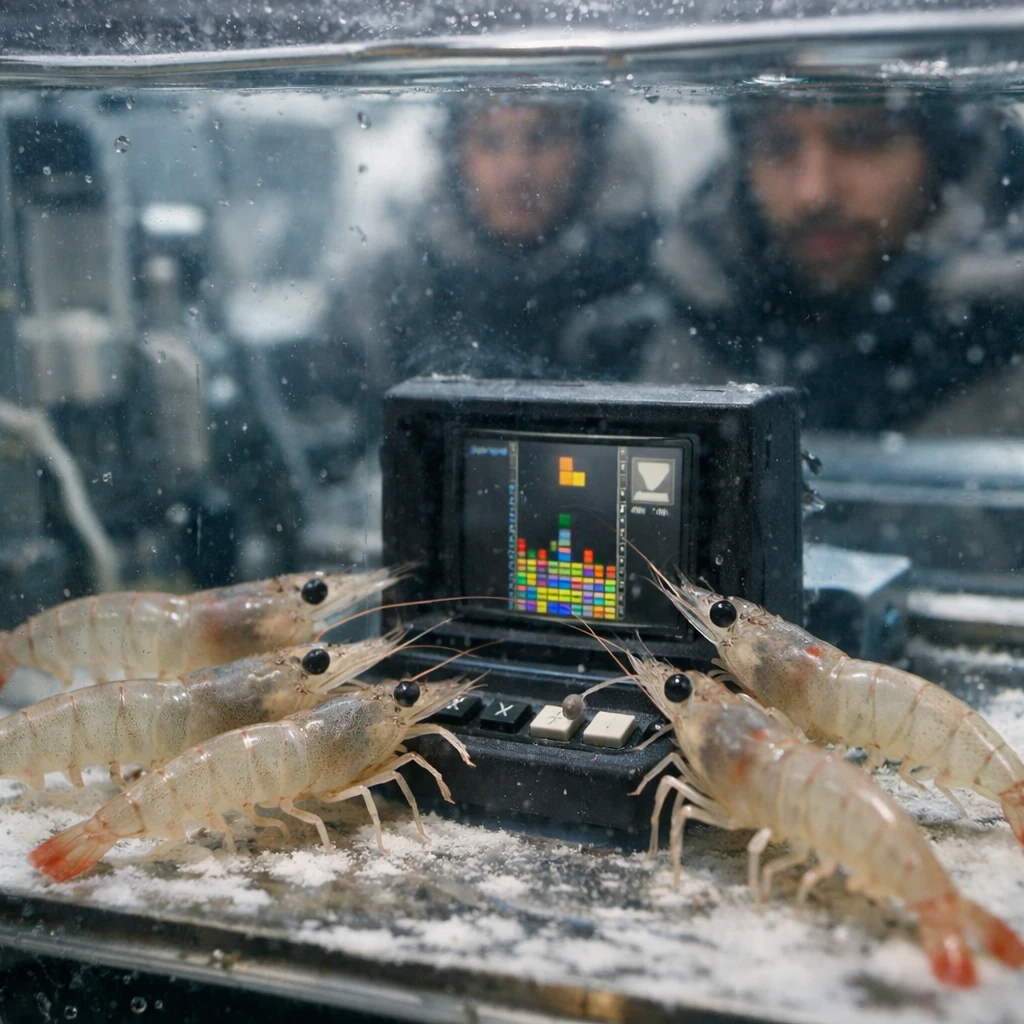 雪に覆われた研究所の水槽内で、複数のエビがモニターのテトリス画面に集まり、触角を操作している場面のリアルな写真。