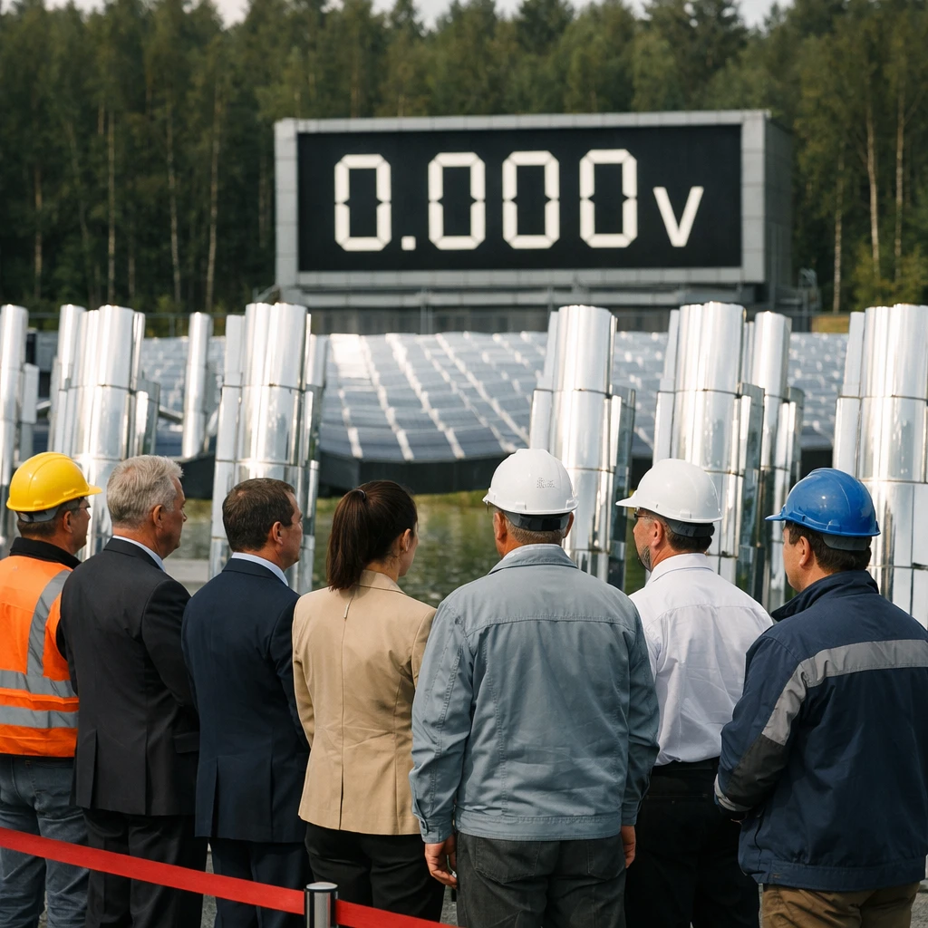 絶縁体パネルが立ち並ぶ発電所の開所式で、関係者たちが『0.000V』と表示された計測器の前に集まっている写真。