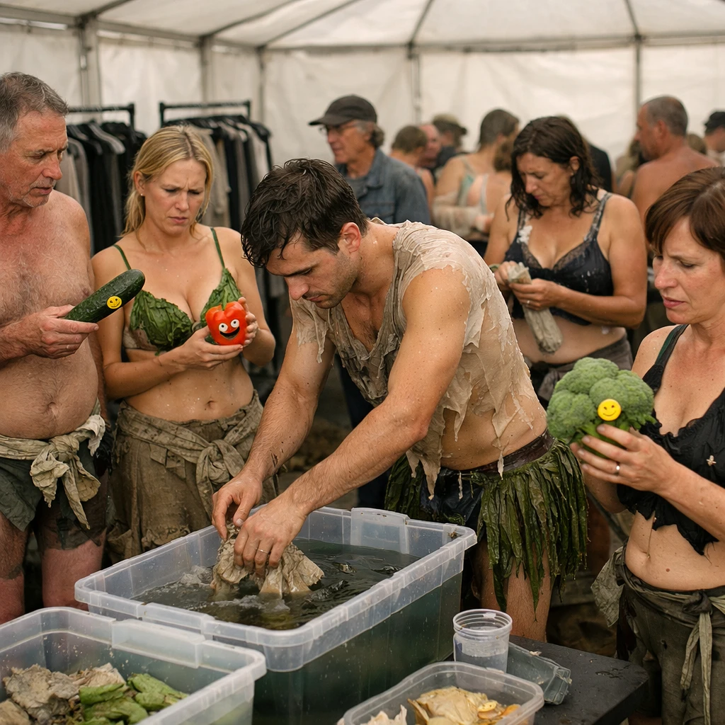 無包装の商店街内で服が消えかけて困惑する人々と、顔写真シールが貼られた野菜を持つ客の様子。