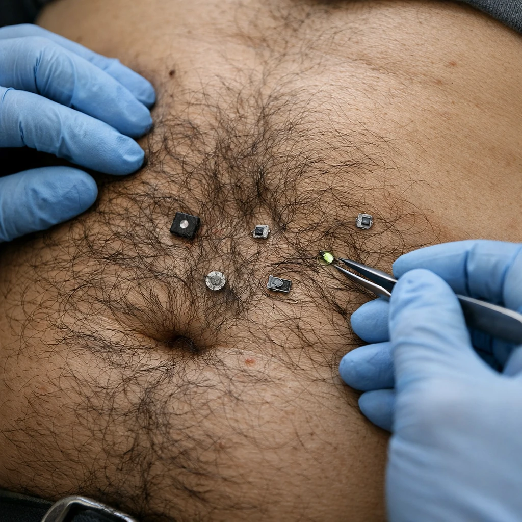 医療スタッフが腹部の密集した腹毛に埋め込まれた微小センサーを観察している様子の写真。