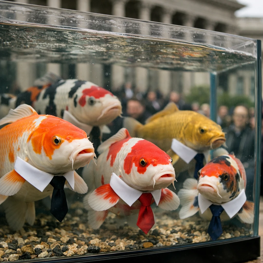 スーツの襟をつけた複数の色鮮やかな鯉が巨大な水槽内で泳ぎ、その後ろに国会議事堂がぼんやりと映っている写真。