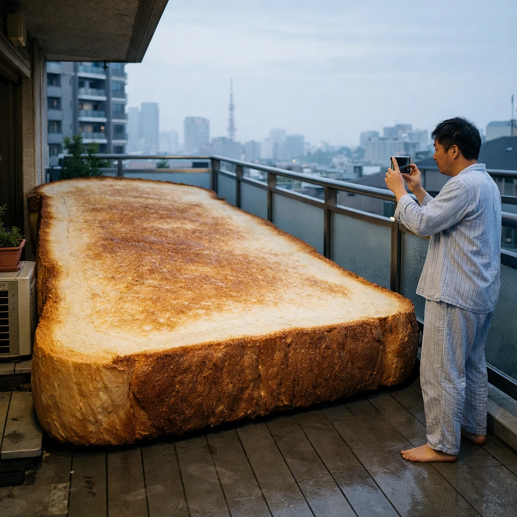 東京都内の住宅ベランダに横たわる巨大なトーストをスマートフォンで撮影する男性の写真。