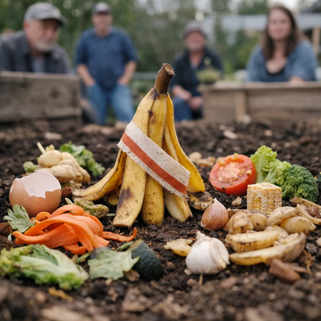バナナの皮や野菜くずが集会のように並べられ、人間がその様子を見守っている屋外の写真。