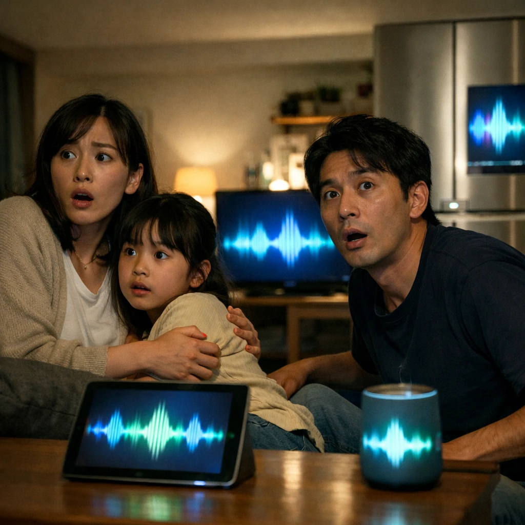 夜のリビングで多くのスマートデバイスから光やサウンドの演出があふれ、驚く日本の家族が写っている。