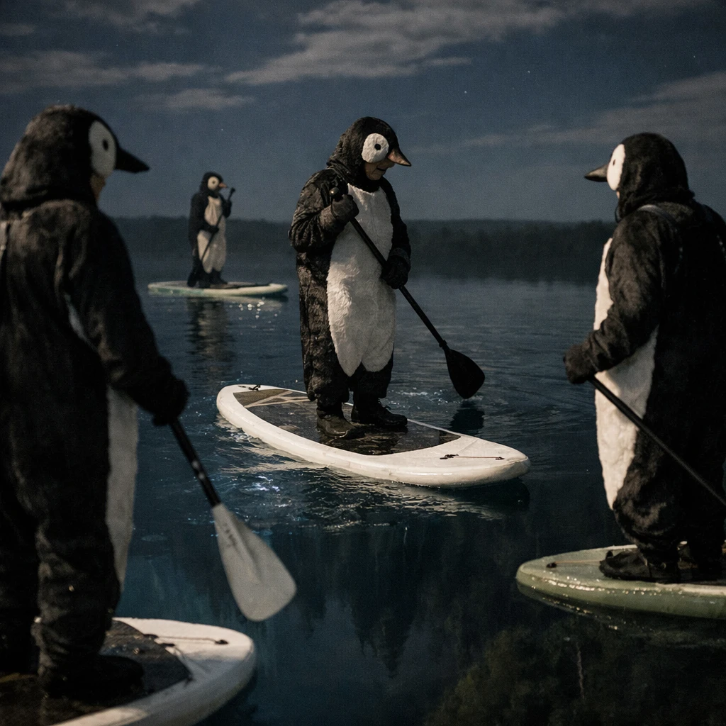 宙に浮かぶ湖の上でペンギンスーツ姿の人々がサップボードに乗っている夜の様子。