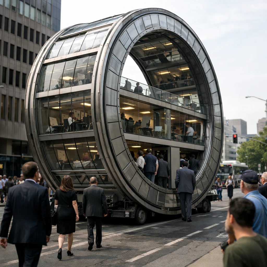 巨大なハムスター回し車型のオフィスビルが街中を回転しながら進み、スーツ姿の社員たちが乗り込む様子が自然な光景で写っている。