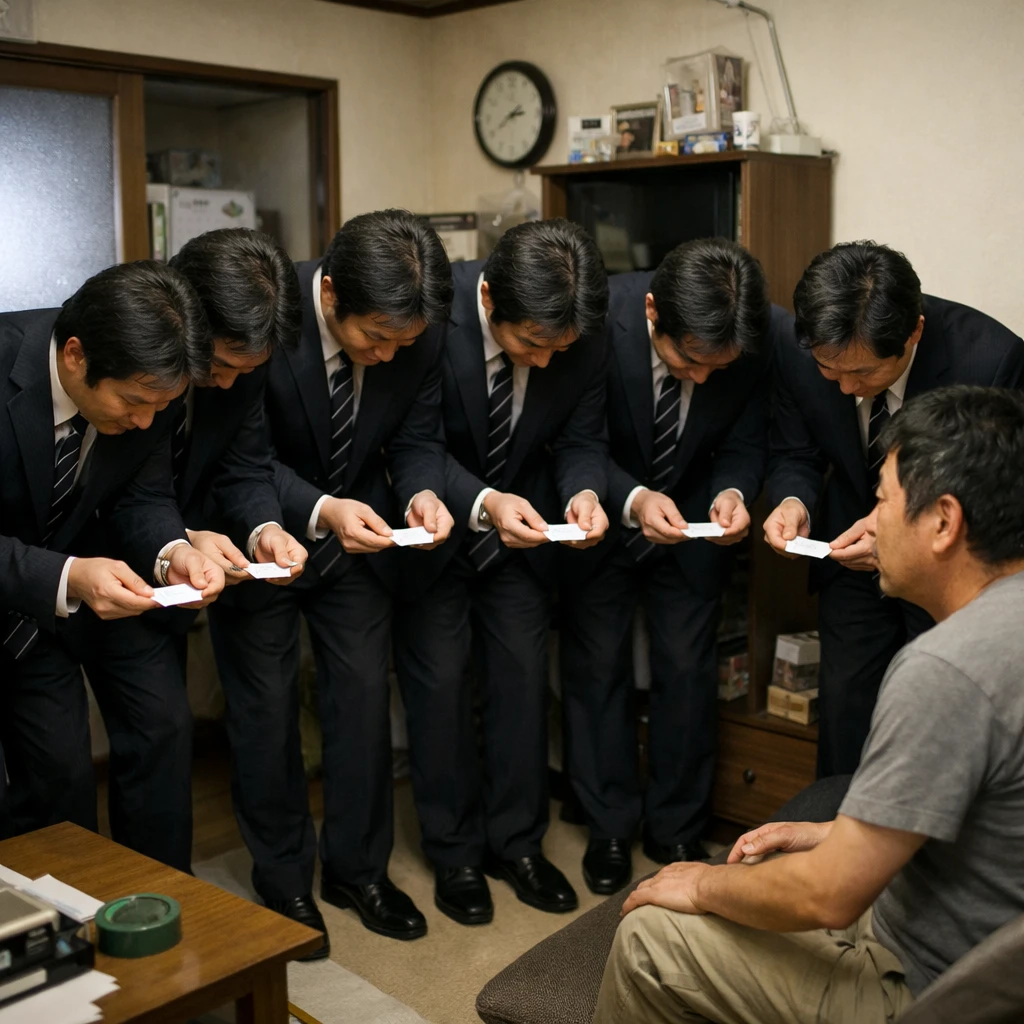 狭い日本のリビングで全く同じスーツ姿の男性6人が名刺を差し出し一斉にお辞儀し、住人が困惑して見つめている写真。