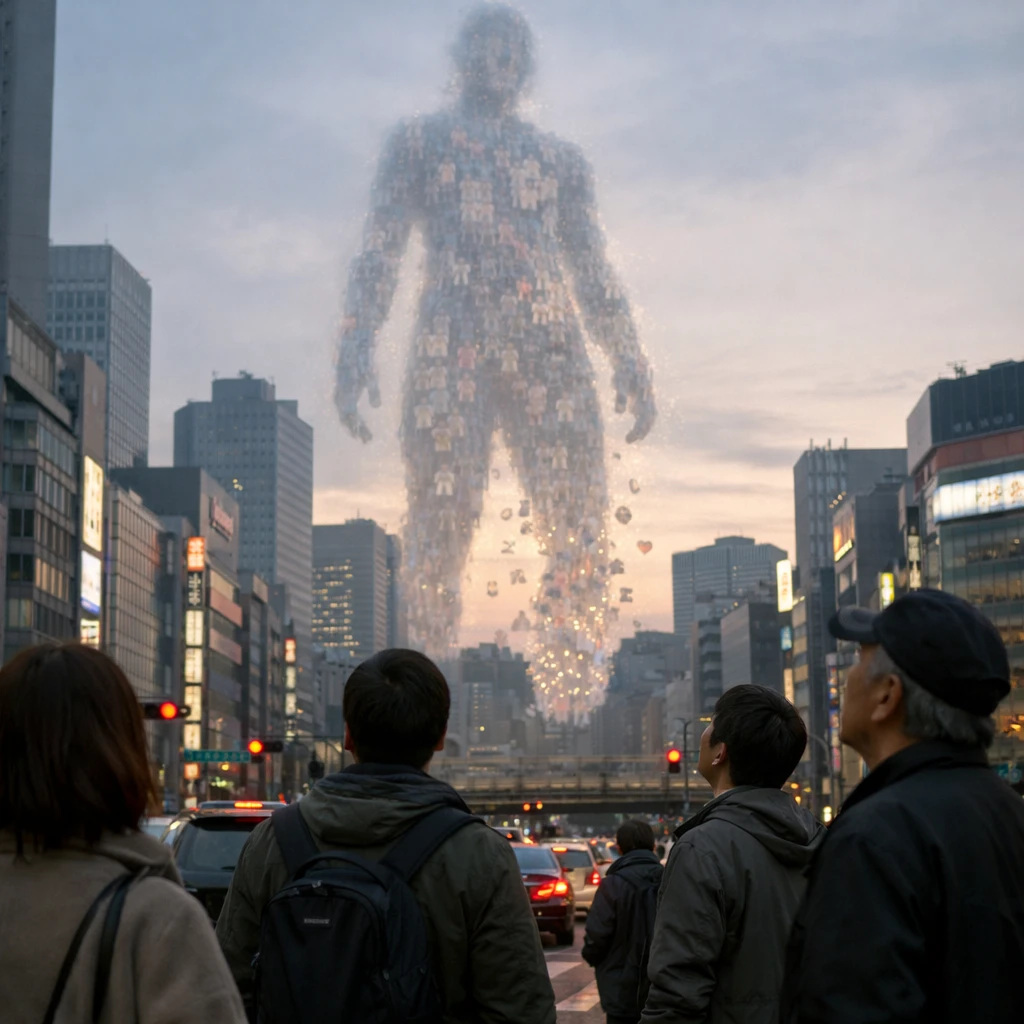 新宿の街並みに巨大なデジタル風の人型集合体が浮かび、通行人が驚いた表情で空を見上げている様子の写真。