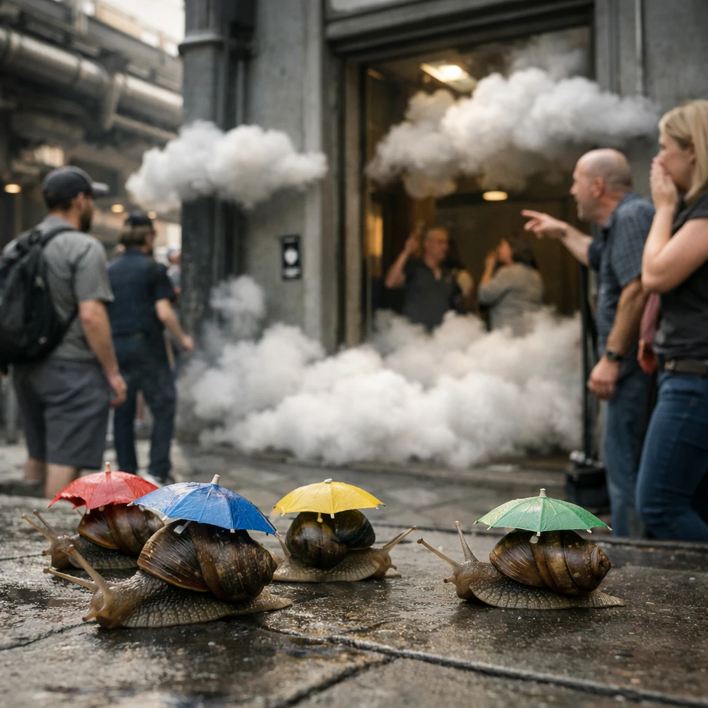 工業地帯の街中で、カラフルな傘を装着したカタツムリが歩道を移動し、人々の頭上に雲が発生している様子の写真。