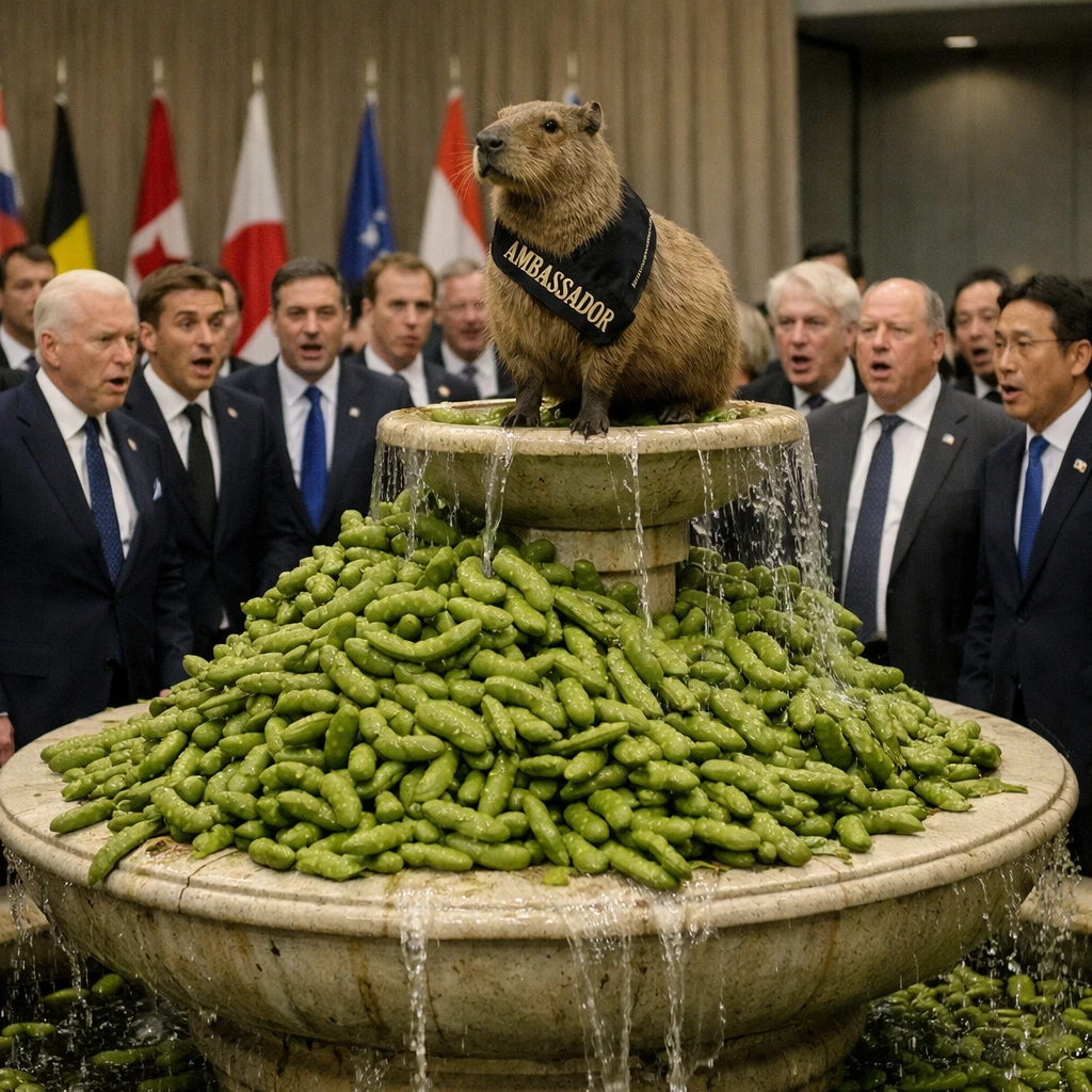 枝豆があふれる噴水のそばで壇上に立つカピバラ大使と驚く各国首脳を写したドキュメンタリー風の写真。