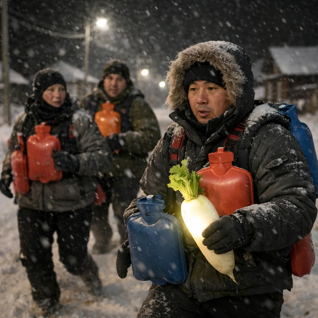 冬用防寒具と多数の湯たんぽを外側に装着したランナーたちが、夜の雪道を後ろ向きに走り、1人が光る大根を手にしている様子の写真。