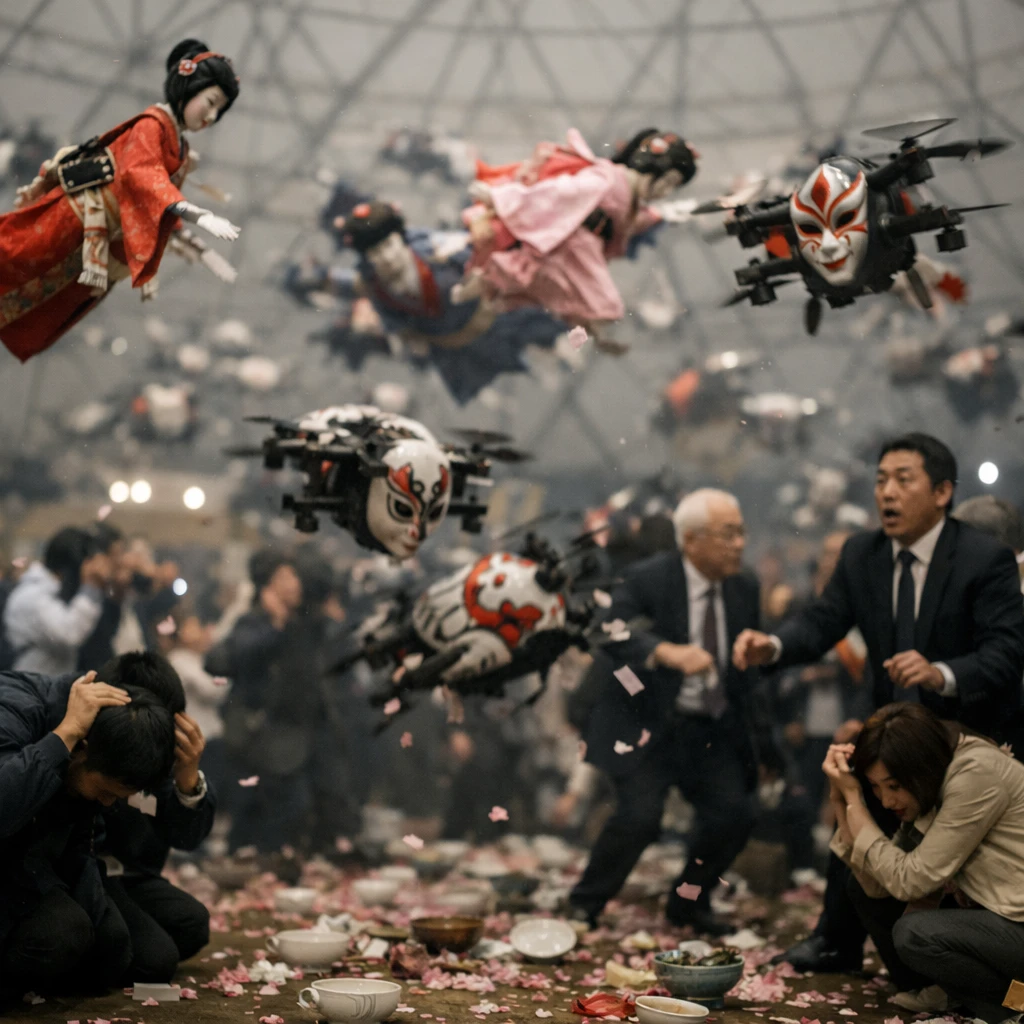 イベントドーム内で舞妓型のロボットと歌舞伎ドローンが空中で衝突し、見物客や関係者が驚きながら見守る混乱の瞬間の写真。