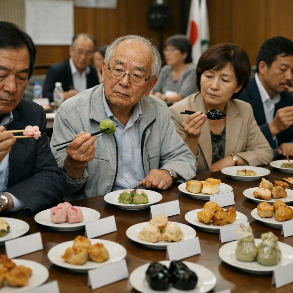 議場のテーブルに並ぶさまざまな種類の餃子を議員たちが真剣な表情で選んでいる様子の写真。