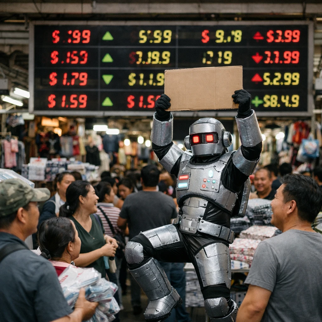 卸売市場で価格表示板の前、ロボット衣装のパフォーマーがパンツの値段表を掲げて踊り、周囲には混乱と熱気に満ちた多くの人々が集まっている様子。