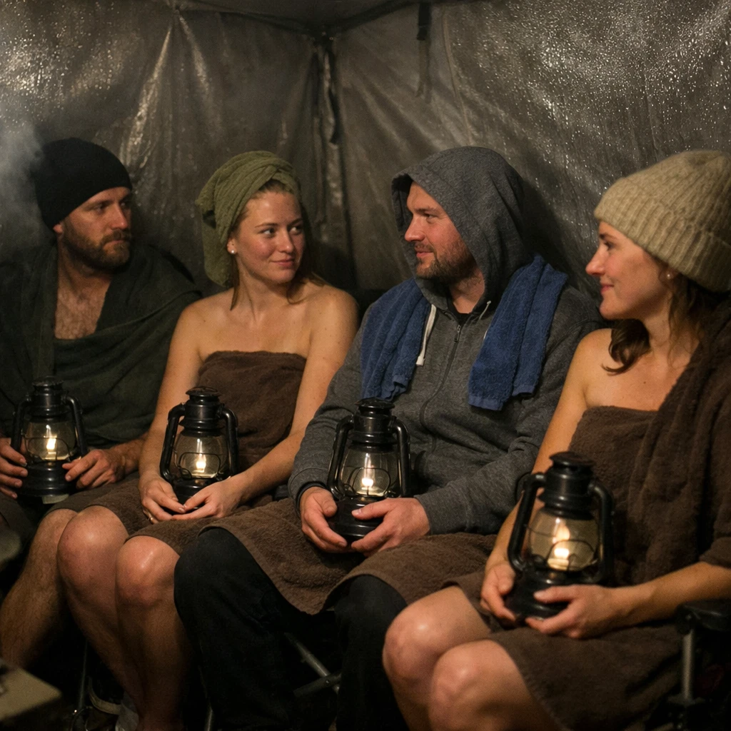 夜のサウナテントの中で椅子に座り、明かりのついていないランタンを持って静かに見つめ合うキャンプ参加者たち。