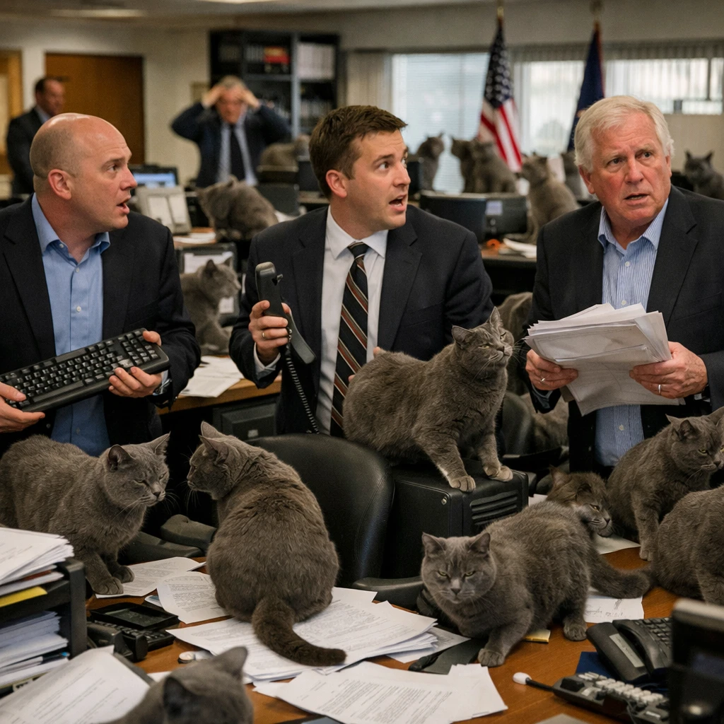 大使館のオフィス内に大量の灰色のネコがあふれ、職員たちが困惑した様子で立ち尽くしている様子のリアルな写真。