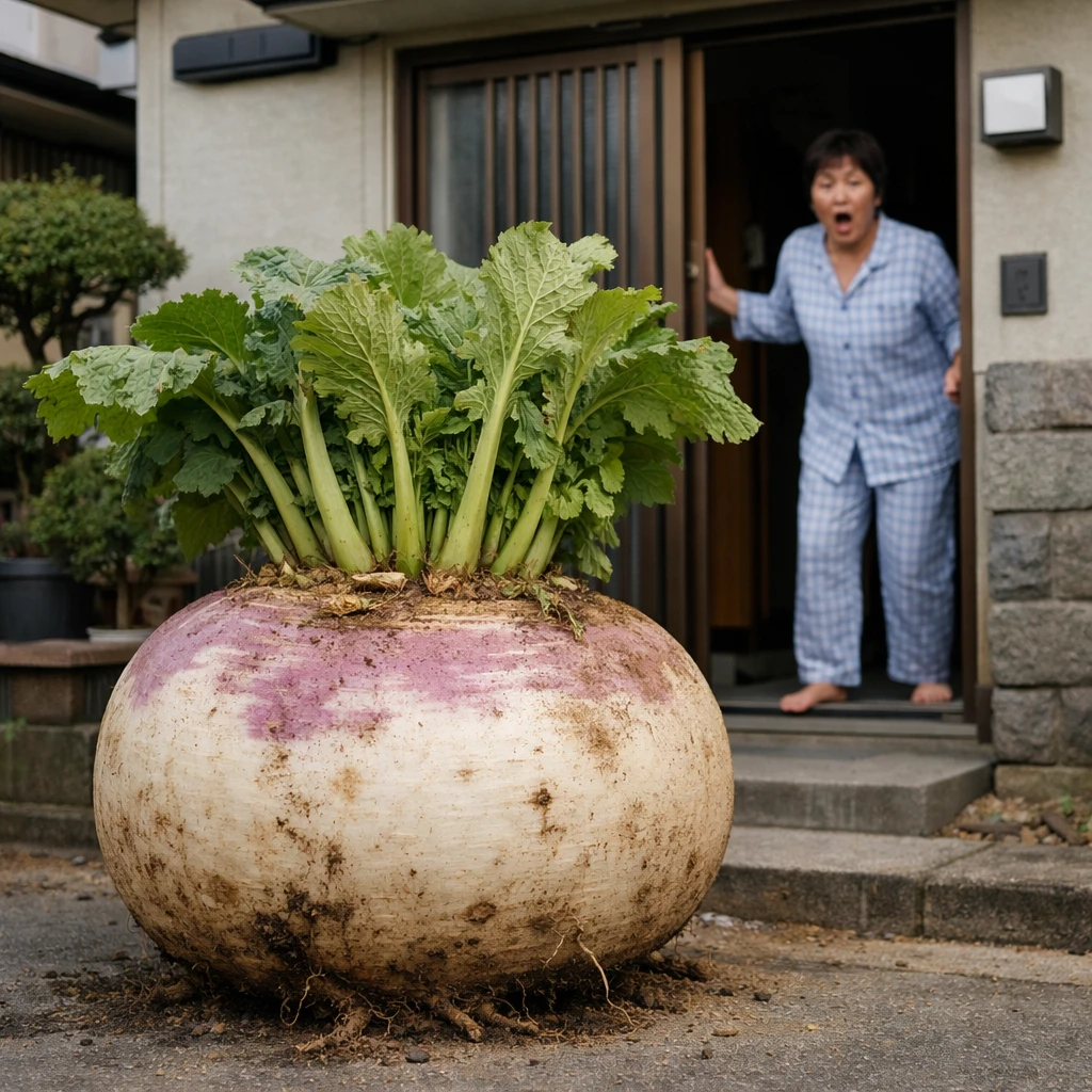 日本の住宅の玄関前で巨大なカブを驚いた表情で見つめるパジャマ姿の中年の人の写真。
