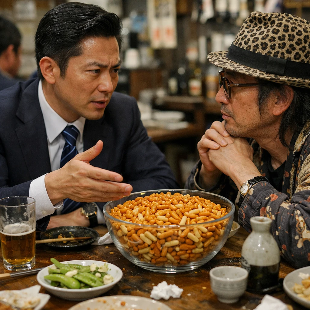 居酒屋風のテーブルでスーツ姿の男性マネージャーと個性的な依頼主が柿の種が盛られたガラス鉢を挟んで真剣に契約交渉している様子の写真。