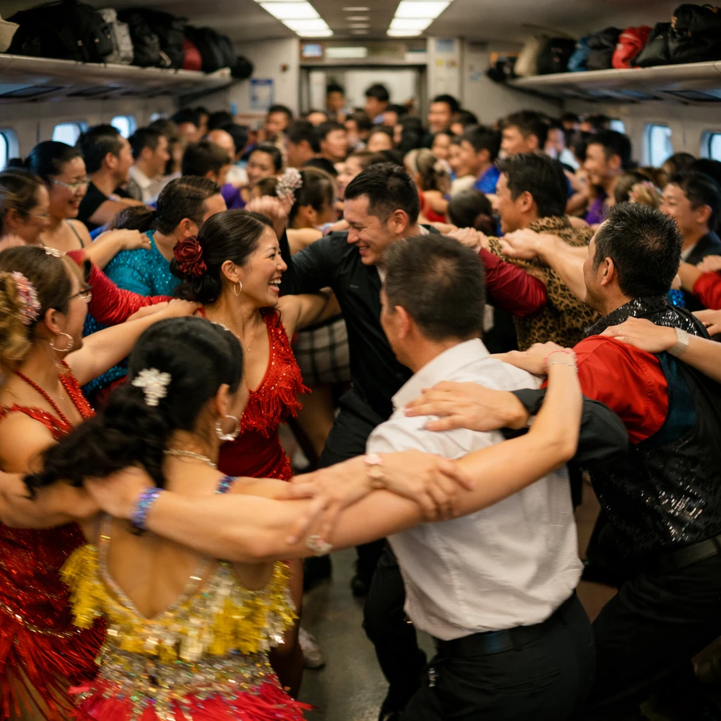 満員の新幹線車内でカラフルな衣装を着た大勢のダンサーたちがペアでラテンステップを踊っている様子。