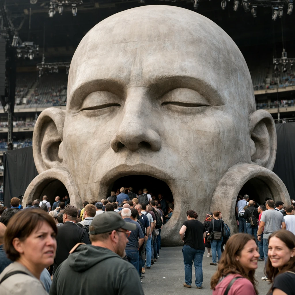 巨大な顔面モニュメントの会場前で一部の参加者が顔型トンネルに入っていく様子を捉えた実写写真。