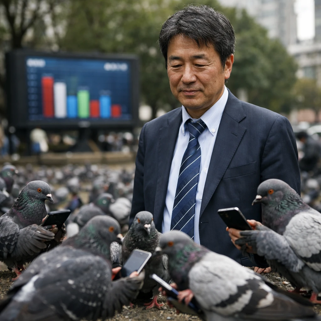 公園でスーツ姿の中年男性と多数のスマートフォンを持ったハトたちが並んでいる写真。