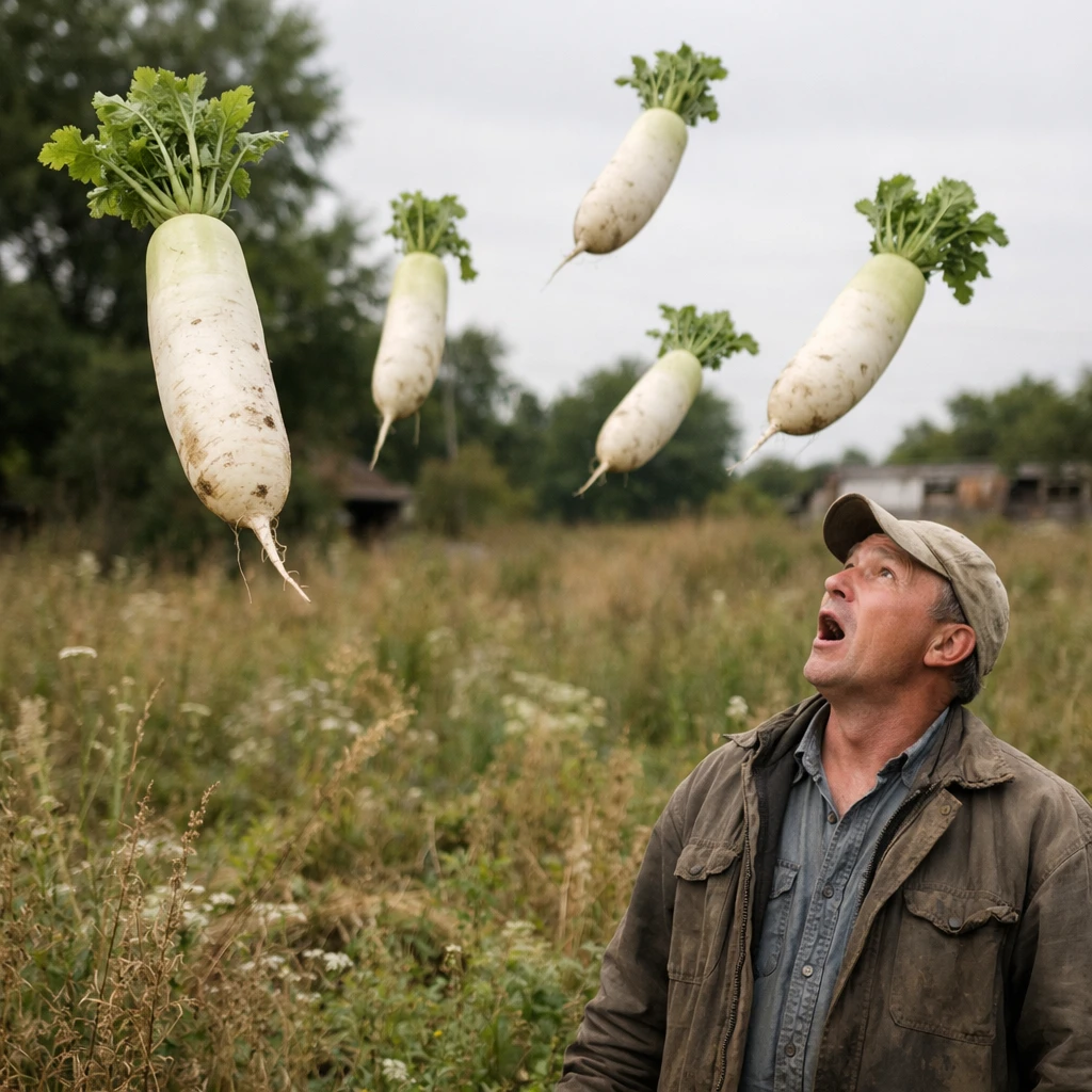 耕作放棄地の草むらで大根が空中に浮かび、農作業着姿の男性が驚いて見上げている様子の写真。