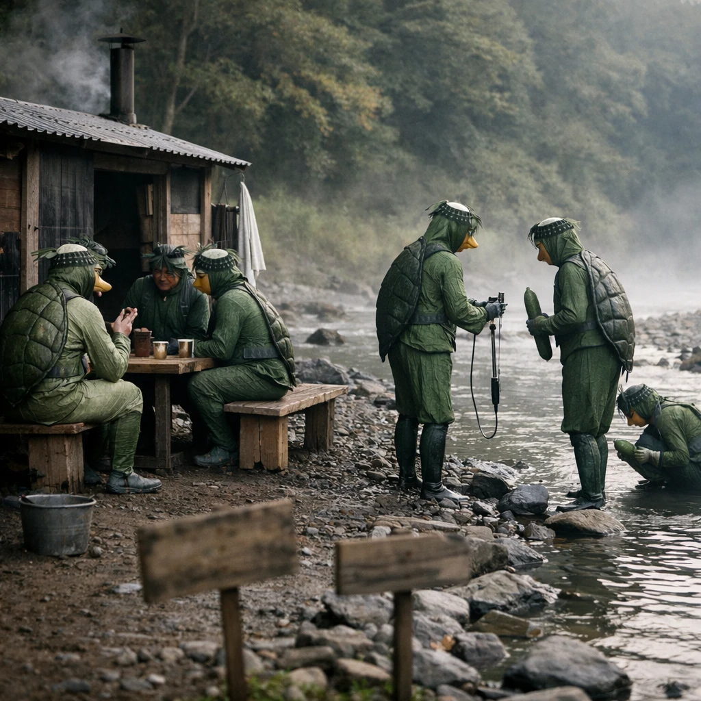 川辺にサウナ小屋やカッパ風コスチュームの人々が集まり、川岸で議論する様子を捉えた写真。