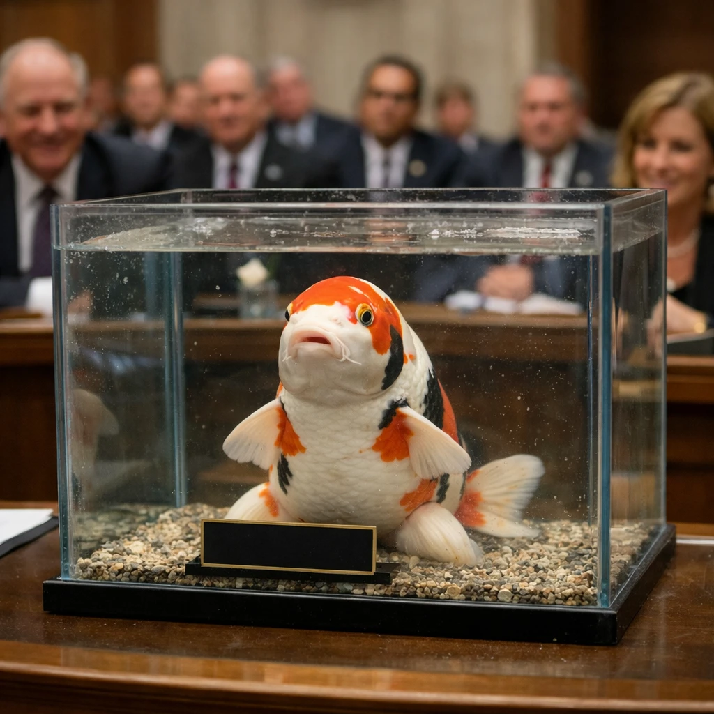 国会議事堂中央の大きな水槽に座るコイ議員と、その様子を見つめるスーツ姿の議員たち。