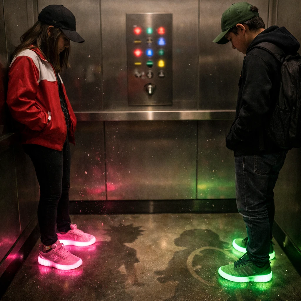 異なる推しカラーで靴が光る二人の若者が装飾されたエレベーター内に立っている写真。