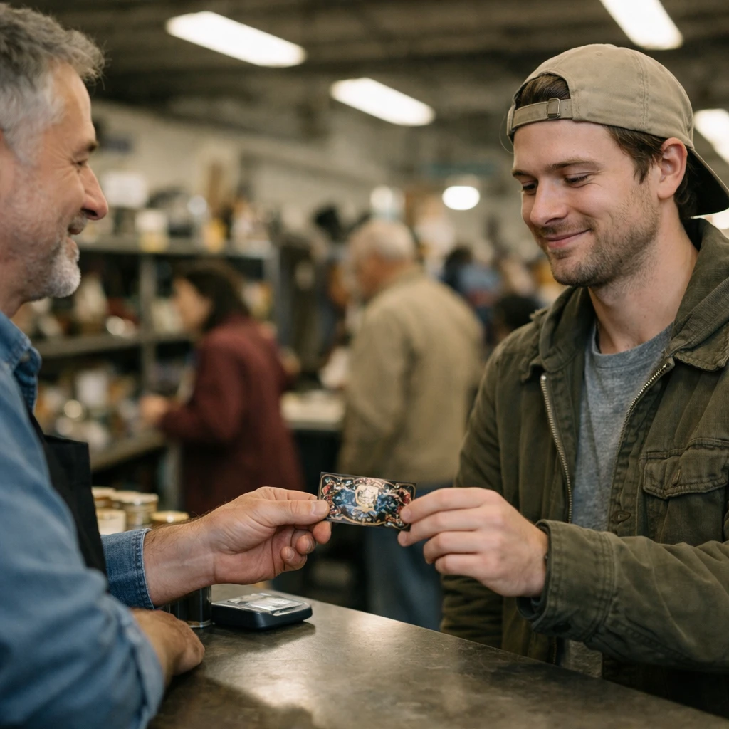 リユースショップの店員がカウンター越しに派手なポイントカードを若い客へ手渡している光景。