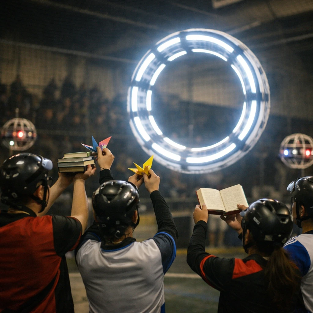 夜のアリーナでドローンサッカー選手たちが光るゴールリングに折り紙や本を差し出している様子の写真。