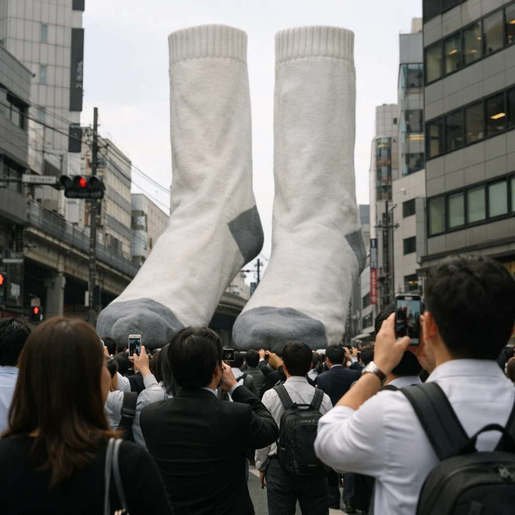 巨大なソックスが都市の通りを覆い、通行人たちが驚きや困惑の表情で立ち止まって見上げている様子の写真。