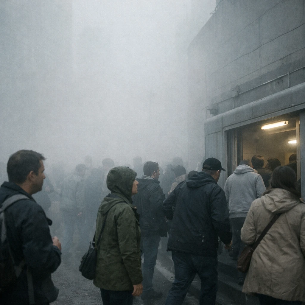 濃い窒素の霧で視界がほとんどない都市の通りで、住民たちが非常用避難シェルターに急いで入る様子。