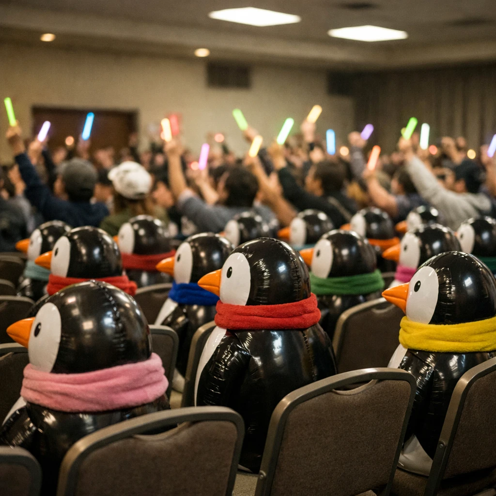 郊外の多目的ホールでペンギン型バルーンが色とりどりのマフラーを巻いて椅子に並び、ファンたちがペンライトを振って熱狂的に応援している様子。