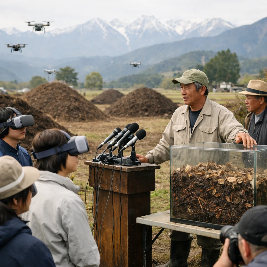日本アルプスの耕作地で、堆肥の山とドローン、記者会見中の男性とミミズの入った水槽を囲む人々の風景。