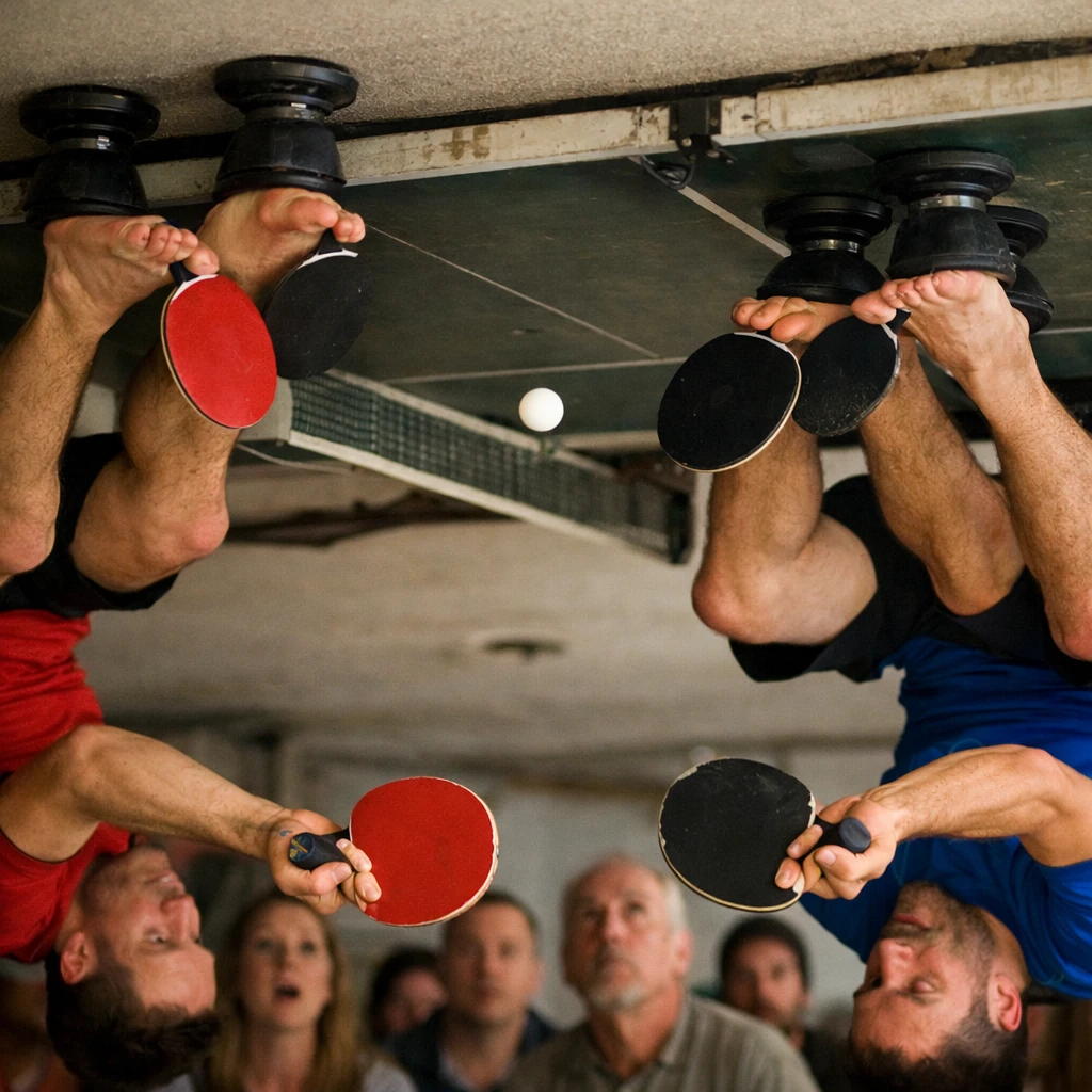 逆さまに天井からぶら下がり、足の裏でラケットを持って卓球台の下で競技する選手たちの様子を写した写真。