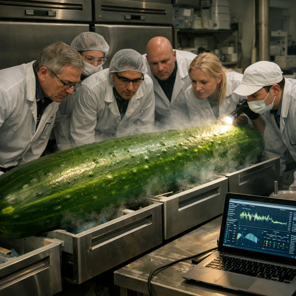 巨大なきゅうりを冷蔵庫内で観察・解析する研究者たちの現場写真。