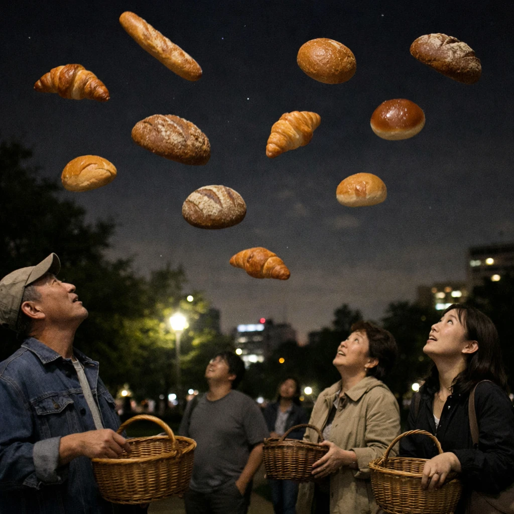夜の公園で複数種類のパンが空中に浮かび、市民が見上げている様子の実写風写真。