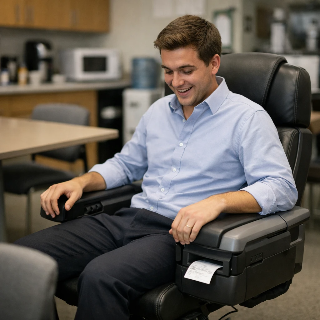 オフィスの休憩室で若い会社員が印刷機付きの椅子に座り、感謝状がプリントアウトされている瞬間を捉えた写真。