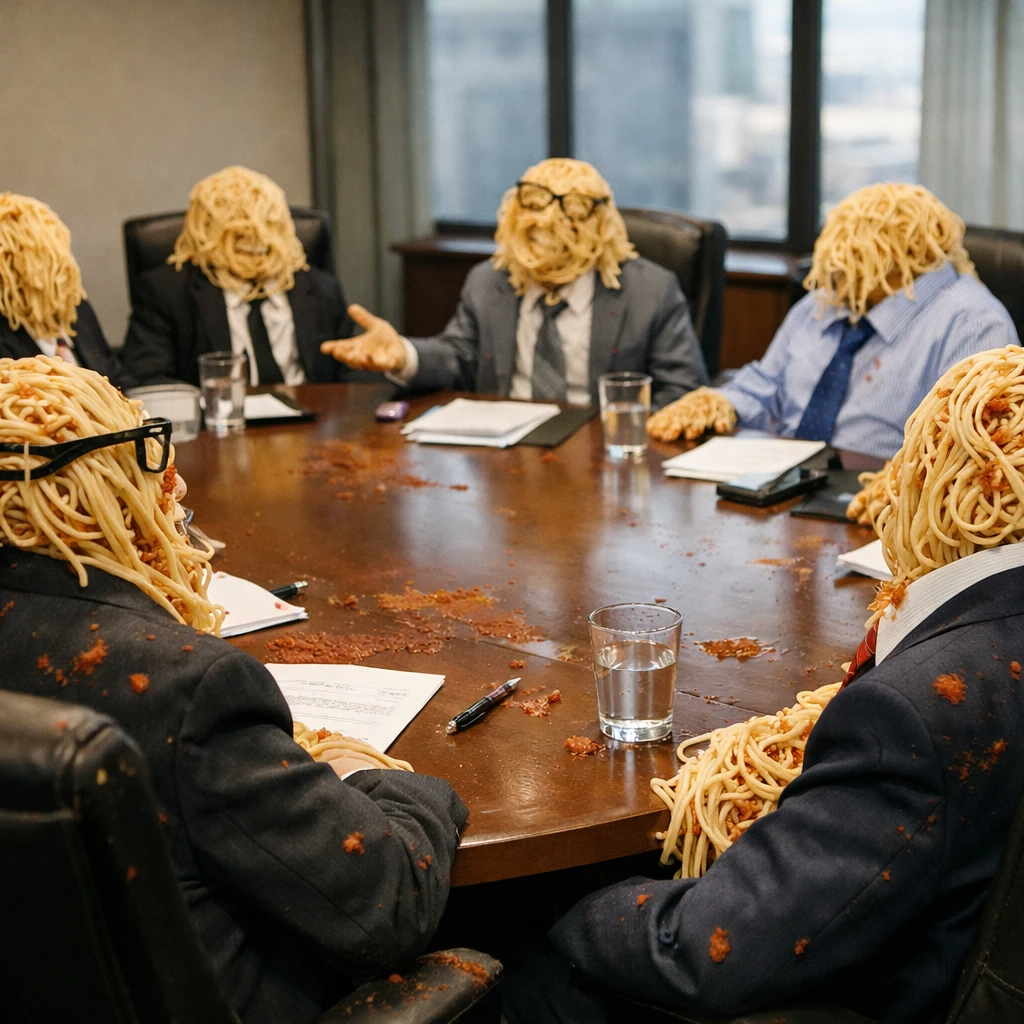 会議室の大きなテーブルを囲む椅子に、スーツや眼鏡を着せた茹でスパゲッティが座っている様子の写真。