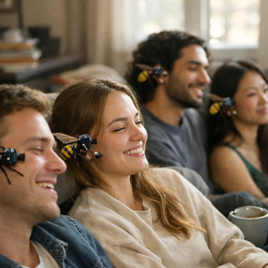 若者たちがリビングで耳元にスズメバチ型デバイスを近づけ、熱心にオーディオブックを聴いている様子の写真。