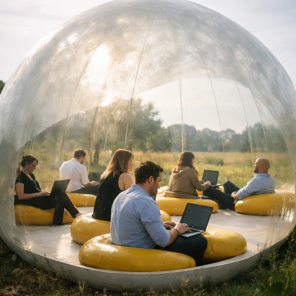 巨大な半透明のタマゴ型オフィス内でリモートワークに取り組む複数の会社員と、黄身のような椅子でくつろぐ人々の様子。