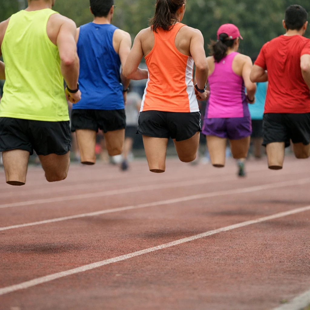 カラフルなスポーツウェアを着たマラソンランナーたちのふくらはぎから下が消えて浮かんでいるように見える屋外の一場面。